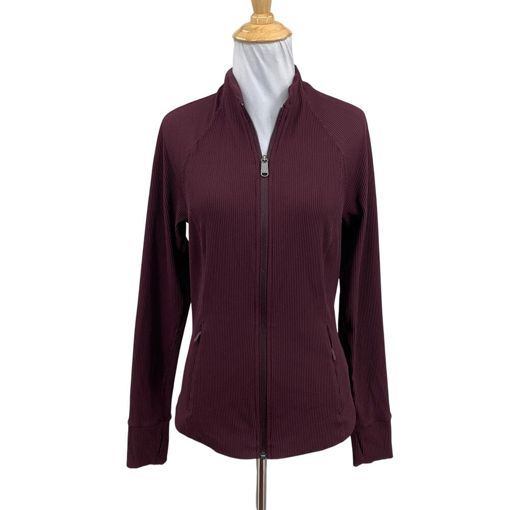 Athleta Jacket Women S Small Raisin Salutation Full Zip Thumbholes Ribbed Knit